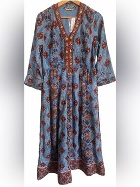 Soft Surroundings Embroidered Boho Midi Dress | Lined | Blue Print XS